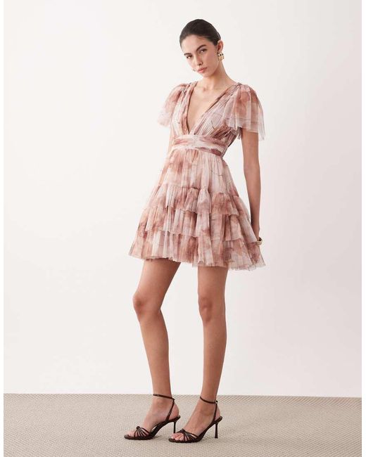 LACE & BEADS Pink V Neck Ruffle Skirt Mini Dress