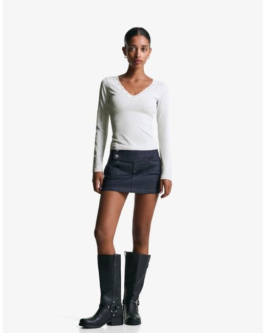 Bershka White – weiches, langärmliges t-shirt aus spitze