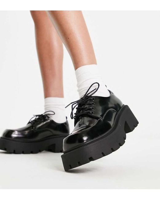 Truffle Collection Black Wide Fit Chunky Lace Up Shoes With Exaggerated Sole