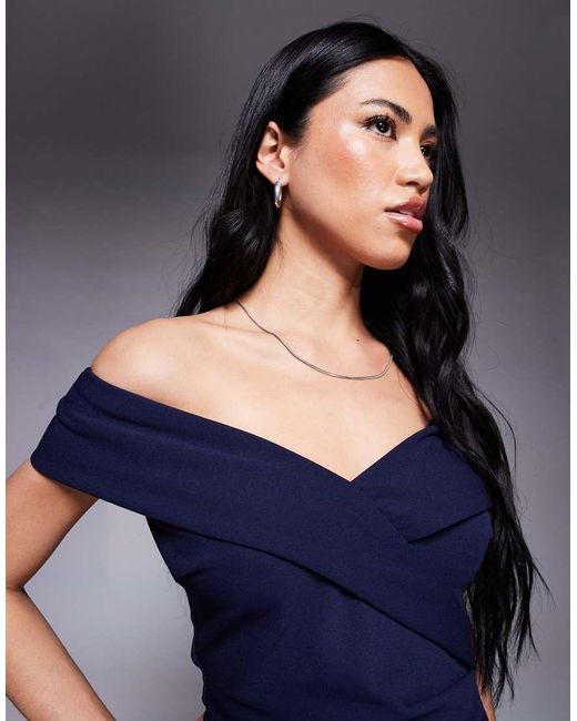 Goddiva Blue Scuba Crepe Off Shoulder Front Split Maxi Dress