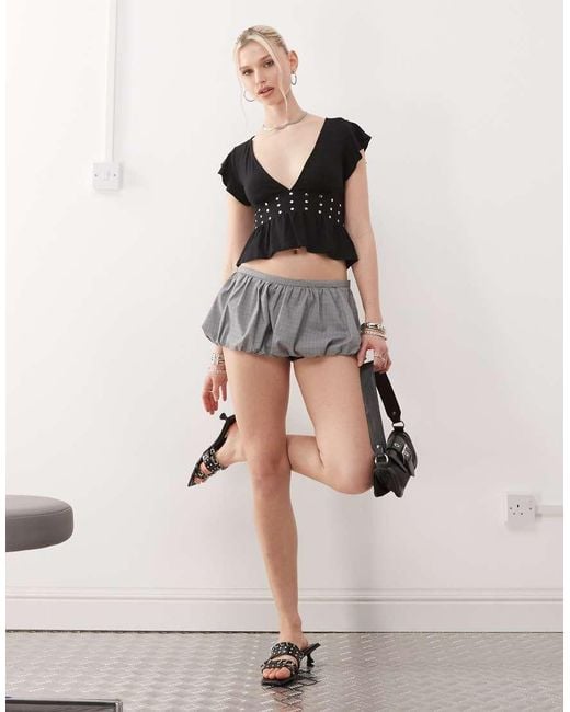 Motel Black Leisma Frill Sleeve Studded Plunge Top