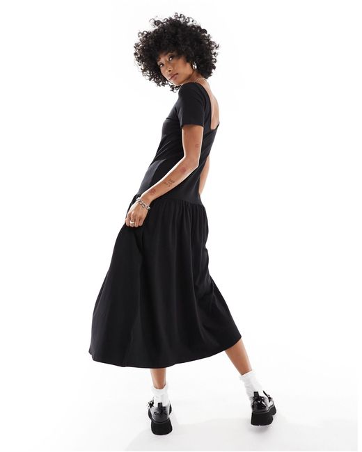 Monki Black Short Sleeve Open Neck Midi Soft Jersey Dress With Pleated Bottom