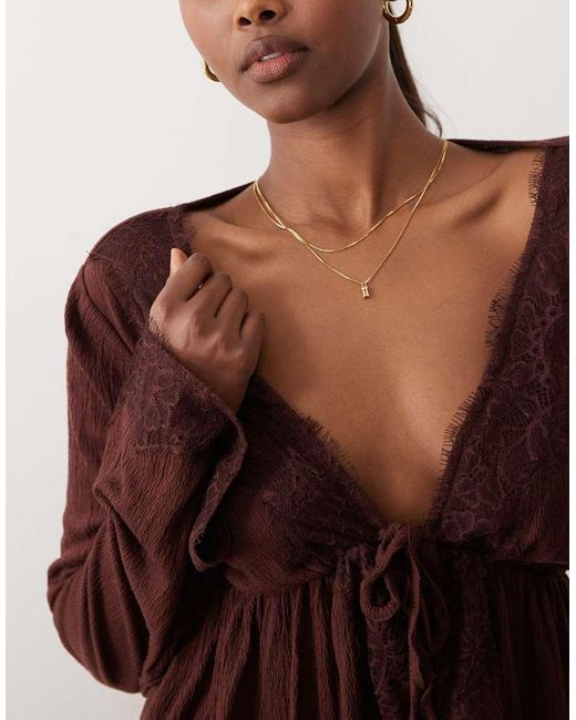 ASOS Brown Crinkle Lace Trim Plunge Top With Flare Sleeve