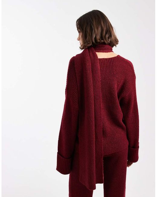4th & Reckless Red Ribbed Knitted Deep Cuff V Neck Scarf Detail Jumper Co-ord
