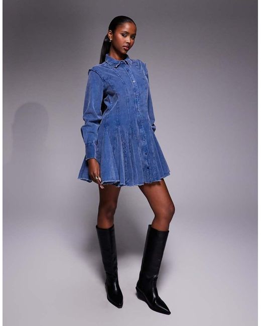 ASOS Blue Cord Shirt Dress With Nipped
