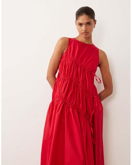 Ghospell Red Sleeveless Drawstring Detail Ruched Midi Dress