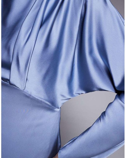 TFNC London Blue Satin High Neck Tuck Detail Maxi Dress
