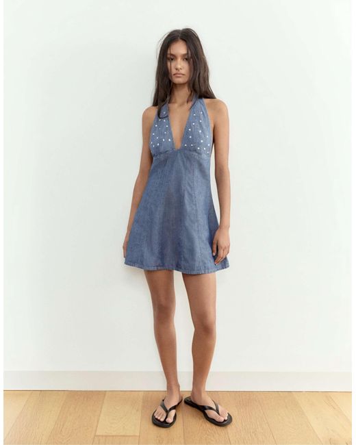 Robe courte en jean ornée Pull&Bear en coloris Blue