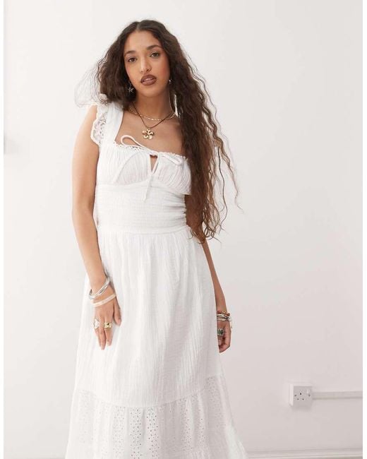 Reclaimed Vintage White Maxi Western Summer Dress With Broderie Layers And Tie Front