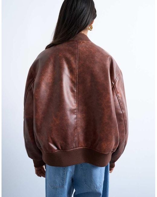 TOPSHOP White Faux Leather Vintage Wash Oversized Collarless Bomber Jacket