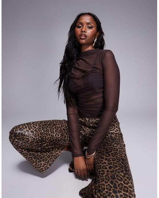 ASOS Brown Long Sleeve Ruched Side Mesh Top