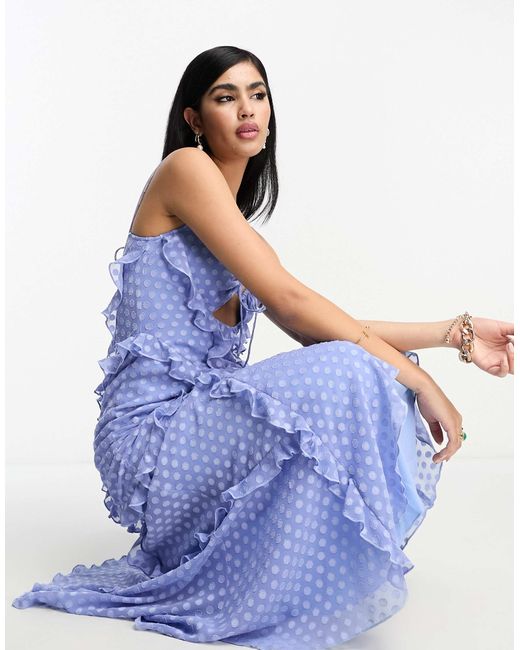 Robe longue dos nu a pois textures avec volants et decoupes ASOS en coloris Bleu Lyst