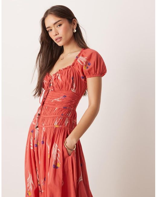 Free People Red Coplete Me Button Down Midi Dress