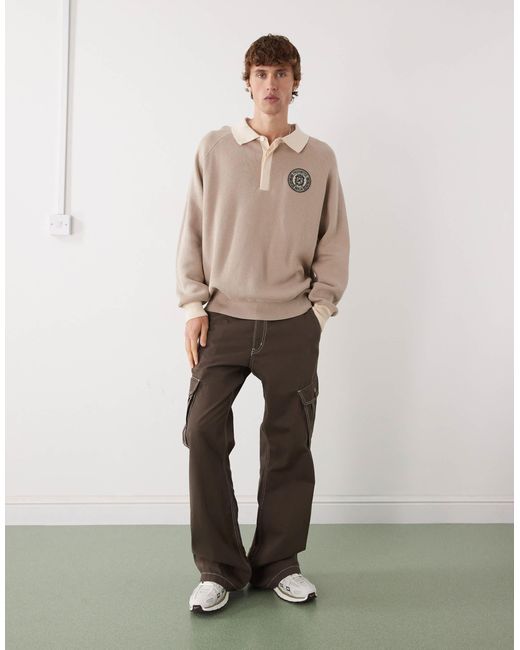 Prohibited – langärmliges, gestricktes oversize-polohemd in Natural für Herren