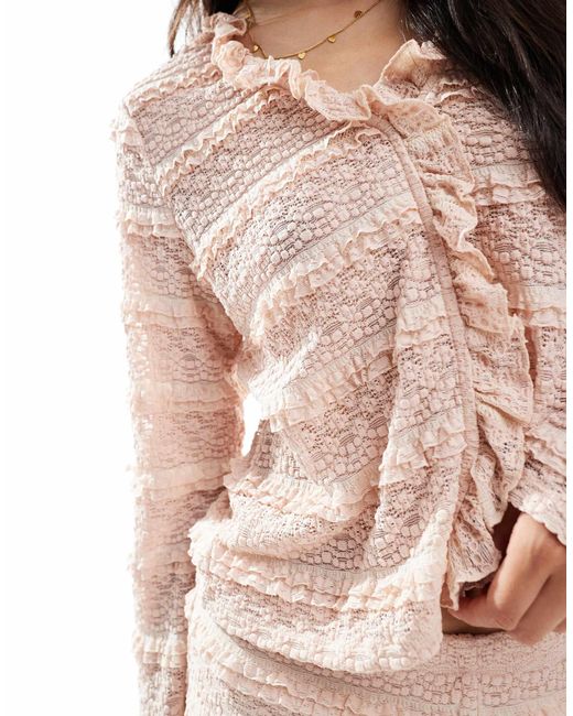 Vero Moda Natural – gerafftes, langärmliges oberteil aus spitze