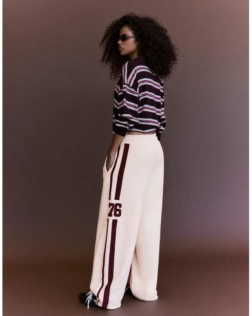 Bershka White Embroidered Wide-Leg Plush Trousers