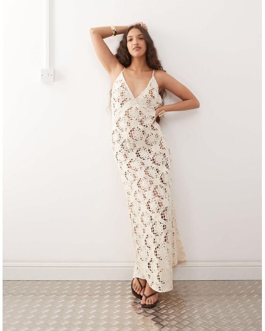 Amy Lynn Natural V-neck Crochet Maxi Slip Dress