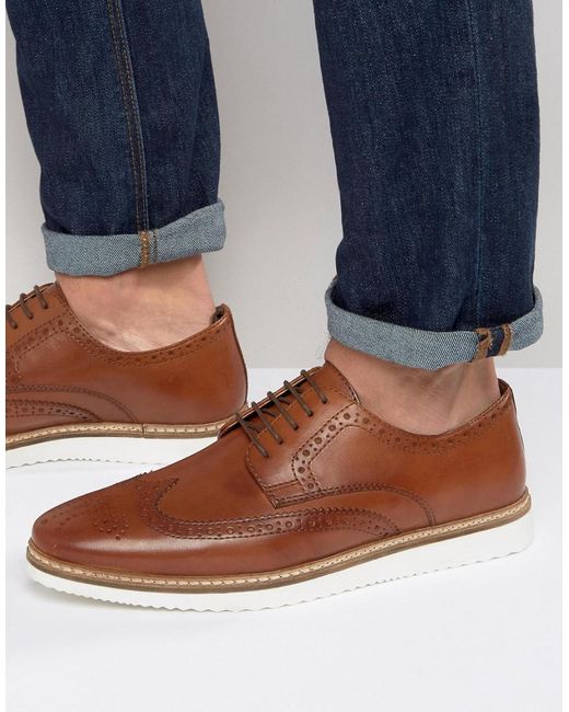 ASOS Brown Brogue Shoes In Tan Leather With White Wedge Sole for men