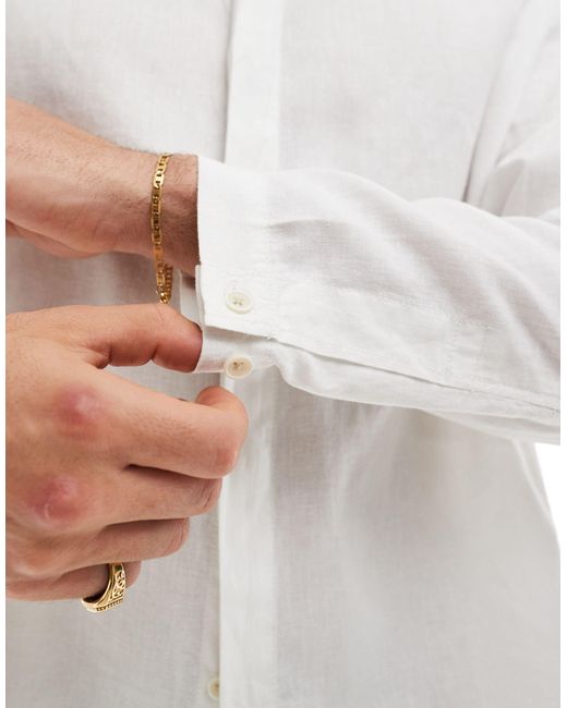 Bershka – rustikales, langärmliges hemd aus leinen in White für Herren