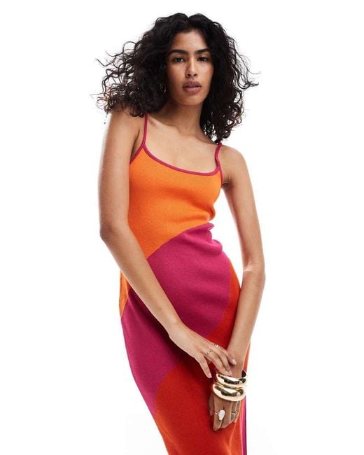 Mango Red Knitted Mixed Stripe Cami Dress