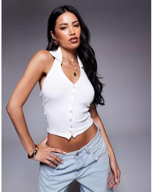 River Island Top Met Halternek En Knoopsluiting in het Gray