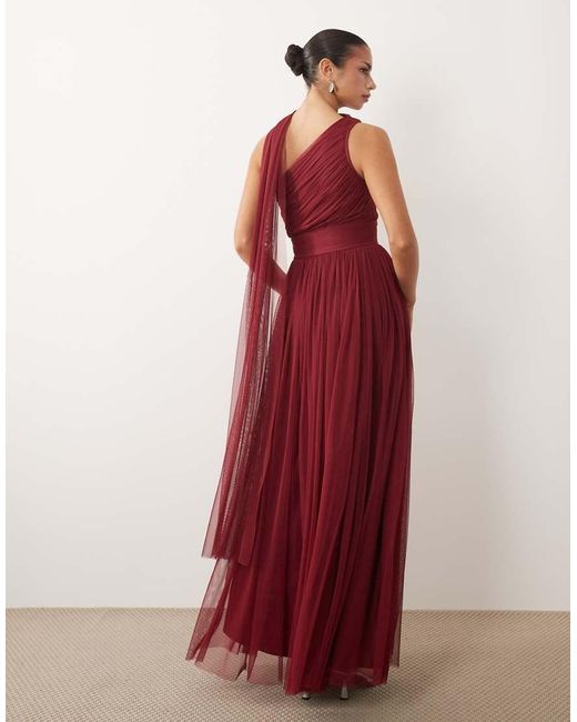 LACE & BEADS Red Bridesmaid Tulle One-shoulder Scarf Neck Fitted Waist Maxi Dress