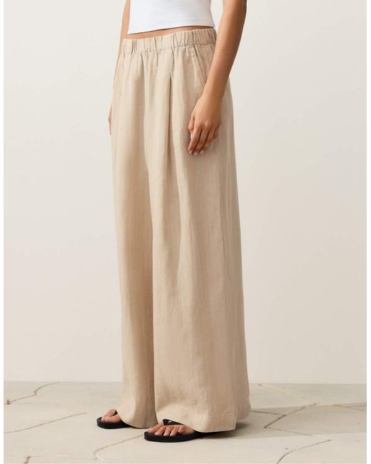 Oysho Natural 100% Linen Wide Leg Trousers