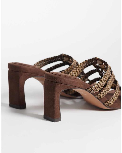 ASOS Brown Hide Beaded Weave Detail Mid Heeled Mules