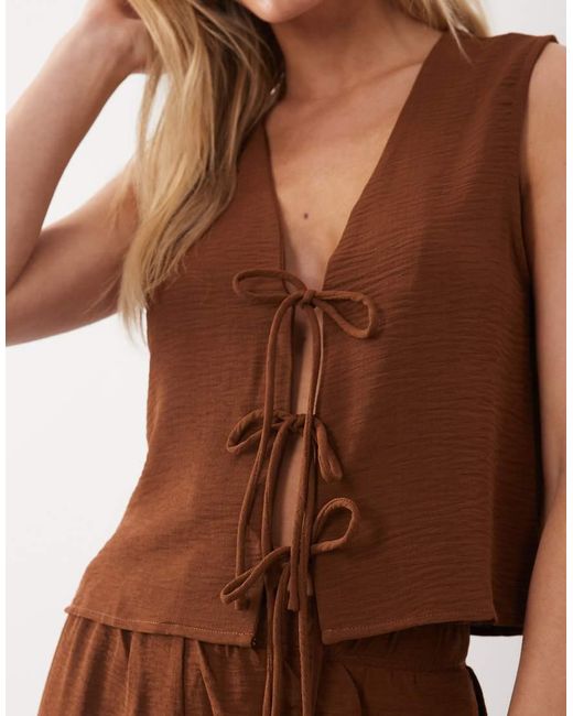 Vila Brown Tie Front Textured Vest Co-Ord