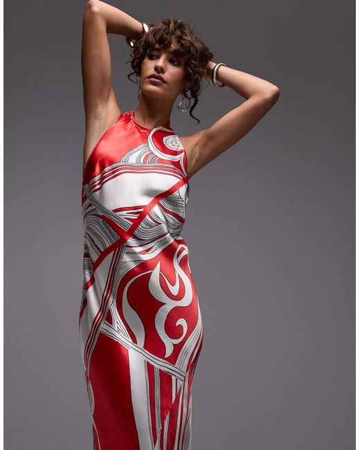 Robe longue à encolure américaine avec imprimé boutique TOPSHOP en coloris Red