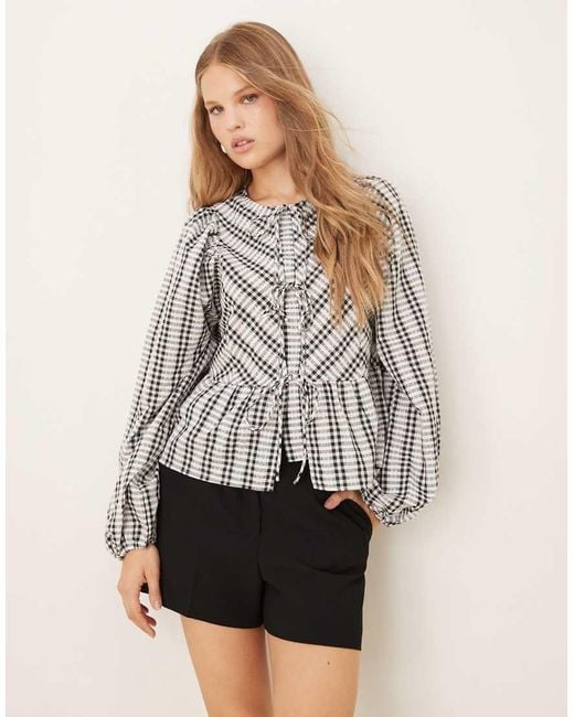 Y.A.S Gray Lace Overlay Detail Tie Front Peplum Hem Top