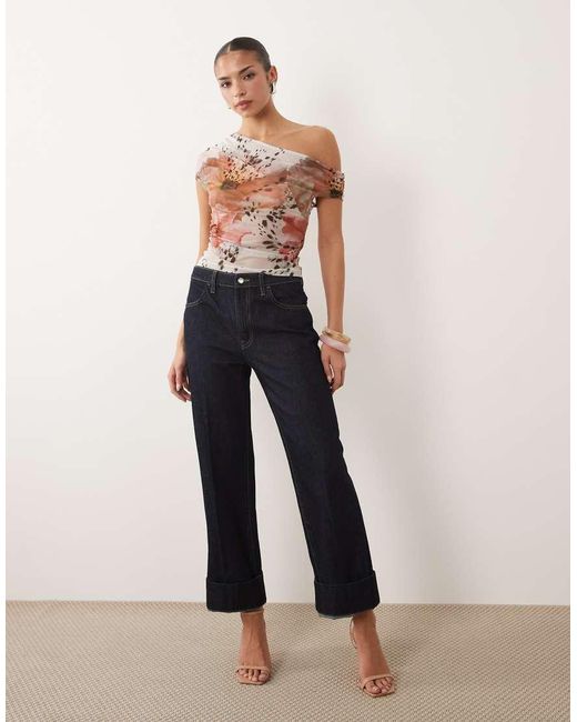 ASOS Multicolor Sheer Mesh Ruched Off Shoulder Asymmetric Top