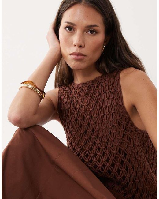 ASOS Brown Macrame Dropped Waist Maxi Dress With Poplin Skirt