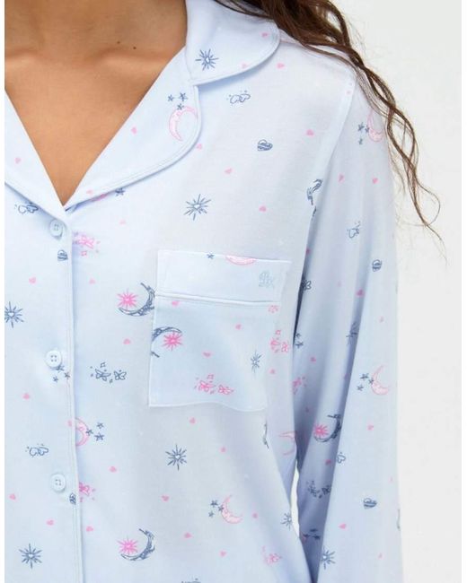 Boux Avenue Blue Moon & Stars Modal Short Pyjama Set With Long Sleeved Top