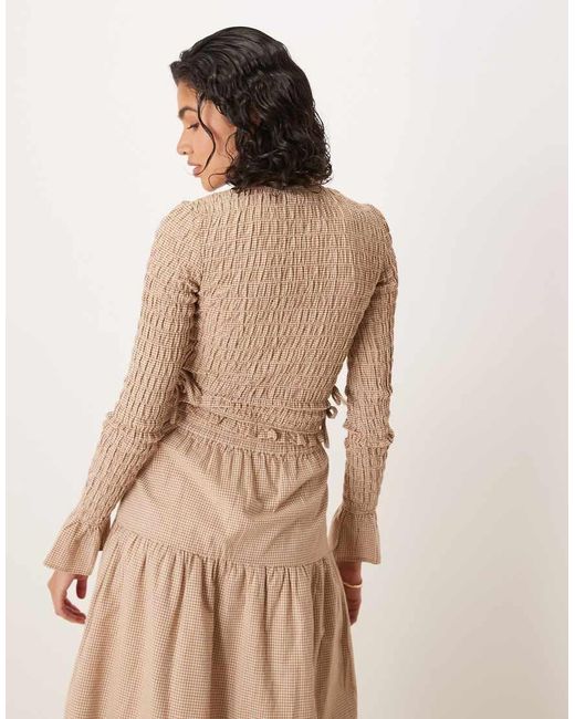 Glamorous Natural Long Sleeve Shirred Top With Tie Sides