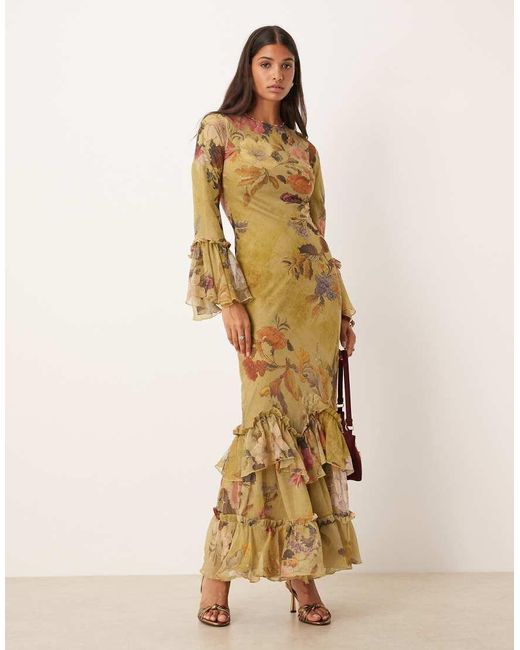 ASOS Gestreepte Chiffon Maxi-Jurk Met Lange Mouwen En Ruches in het Metallic