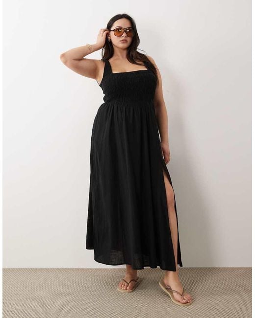 ASOS Black Asos Design Curve Selina Beach Textured Cotton Shirred Maxi Sundress