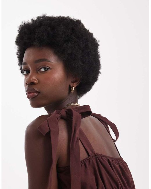 Miss Selfridge Brown Linen Tie Shoulder Maxi Dress