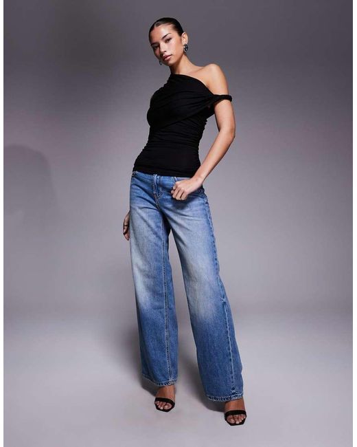 ASOS Blue Ruched Twist Side Cut Away Draped Top
