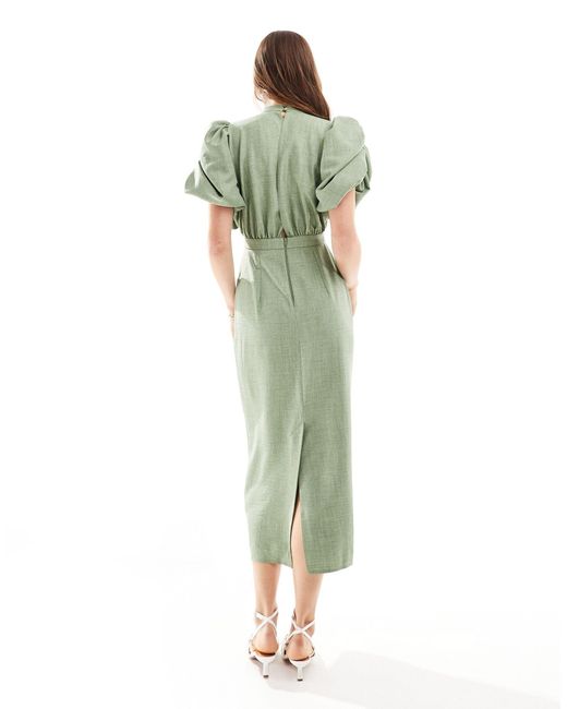 ASOS Green High Neck Volume Sleeve Midi Dress With Fitted Skirt