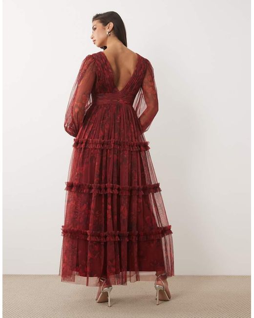 LACE & BEADS Tulle Sheer Balloon Sleeve Plunge Neck Tiered Maxi Dress