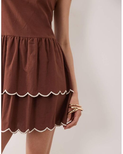 esmé studios Brown Esmee Mini Beach Dress With Cream Scallop Trim