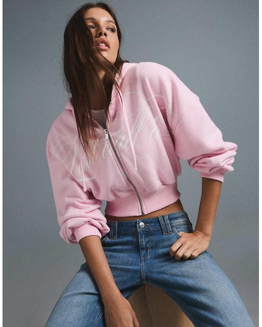 Bershka Pink Printed Zip-up Hoodie
