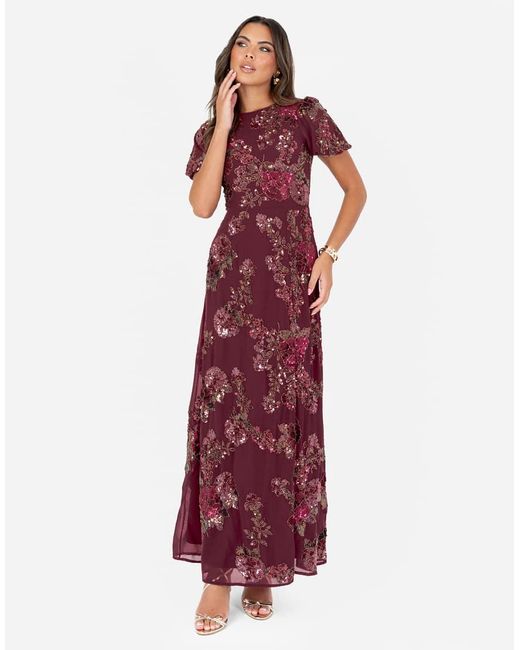 Maya Red Floral Embellished Short Sleeve Open Back Maxi Dress