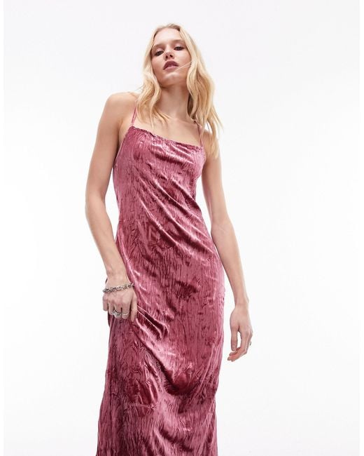 TOPSHOP Pink Crushed Velvet Bias Maxi Slip Dress