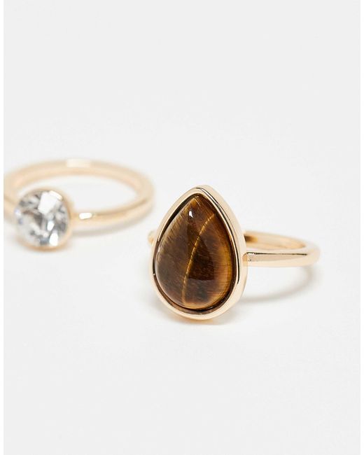ASOS Natural Pack Of 2 Rings With Real Tigers Eye Stone