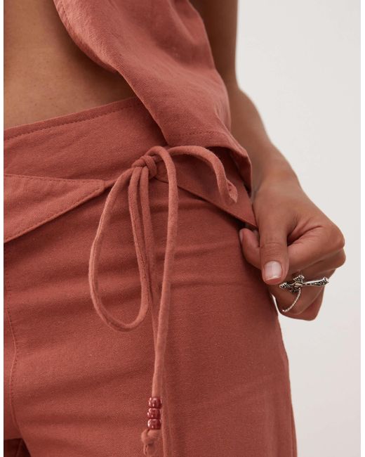 Motel Orange Cursa Sarong Overlay Bead Detail Linen Trousers