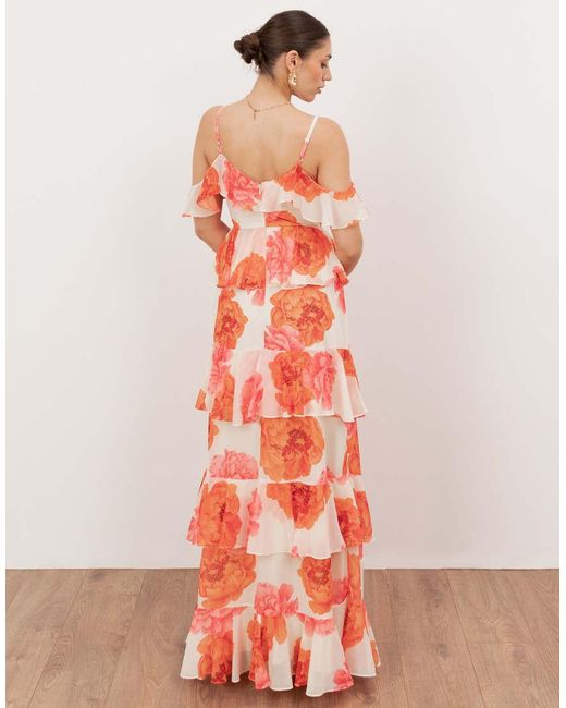 ANAYA Orange Floral Cold Shoulder Tiered Maxi Dress