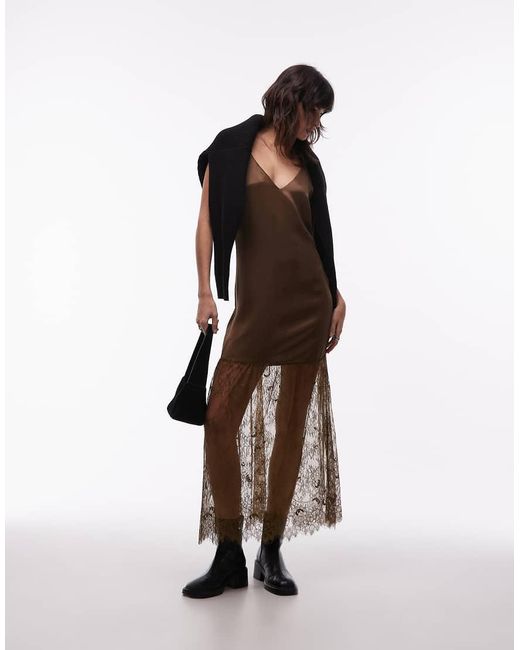 ASOS Natural V Neck Satin Slip Maxi Dress With Lace Skirt