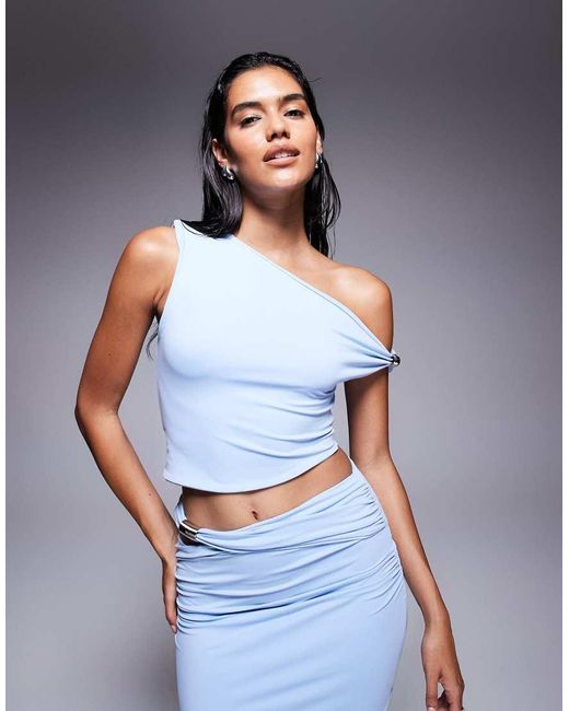 Missy Empire Blue Double Sculpted Slinky One Shoulder Metal Detail Side Top Co-ord